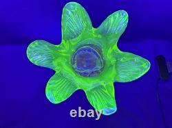 Uranium Glass Bohemian Art Glass Vase Spiral Flute w Applied Motif Glows Vintage Uranium Glass Bohemian Art Glass Vase Spiral Flute w Applied Motif Glows Vintage