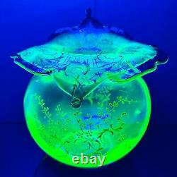 Uranium Glass Vase Victorian Jack In The Pulpit With Enamel Decor Czech