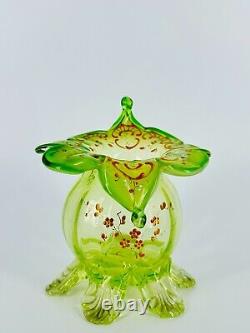 Uranium Glass Vase Victorian Jack In The Pulpit With Enamel Decor Petal Feet Czech