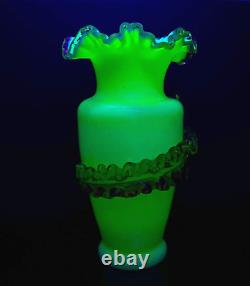 Uranium Victorian Vase Blown Glass Vase Crimped Rim, Applied Floral Decor