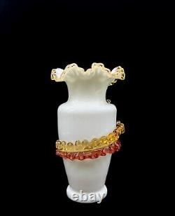 Uranium Victorian Vase Blown Glass Vase Crimped Rim, Applied Floral Decor