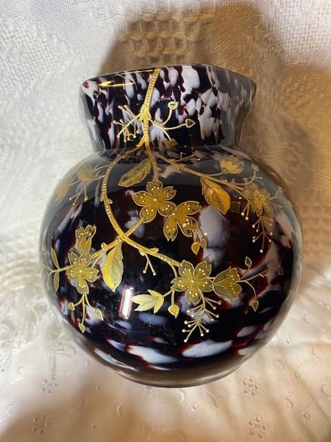 Vase Bohemian Harrach Gilded Floral Decoration Feather Plume Mark C1890