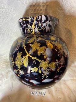 VASE BOHEMIAN HARRACH Gilded Floral Decoration Feather Plume Mark c1890