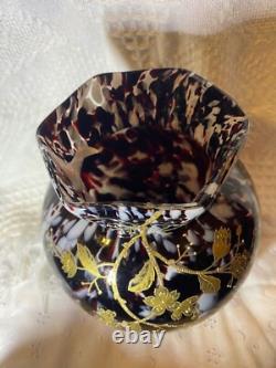 VASE BOHEMIAN HARRACH Gilded Floral Decoration Feather Plume Mark c1890