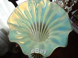 VICTORIAN 1890's Yellow Vaseline Opalescent Hand Blown Art Glass Vase 18 3/4