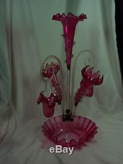 VICTORIAN ART GLASS CRANBERRY 21 EPERGNE With CANES BASKETS RIGAREE GORGEOUS