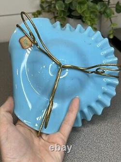 VICTORIAN Aqua Blue Opaque ART GLASS Basket / Bowl, BRASS STAND. 2 piece set