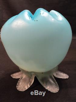 VICTORIAN BLUE SATIN GLASS FOOTED ROSE BOWL, c. 1900