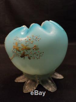 VICTORIAN BLUE SATIN GLASS FOOTED ROSE BOWL, c. 1900