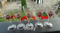 VICTORIAN BOHEMIAN MOSER CUT TO CLEAR RUBY RED CRYSTAL CORDIAL GLASS-5pc
