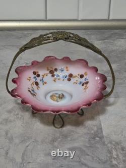 VICTORIAN BRIDE'S BASKET With HOLDER CRANBERRY BOWL HAND PAINTED. COURTING COUPLE VICTORIAN BRIDE'S BASKET With HOLDER CRANBERRY BOWL HAND PAINTED. COURTING COUPLE