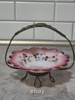 VICTORIAN BRIDE'S BASKET With HOLDER CRANBERRY BOWL HAND PAINTED. COURTING COUPLE VICTORIAN BRIDE'S BASKET With HOLDER CRANBERRY BOWL HAND PAINTED. COURTING COUPLE