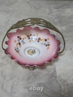 VICTORIAN BRIDE'S BASKET With HOLDER CRANBERRY BOWL HAND PAINTED. COURTING COUPLE VICTORIAN BRIDE'S BASKET With HOLDER CRANBERRY BOWL HAND PAINTED. COURTING COUPLE