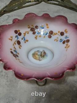 VICTORIAN BRIDE'S BASKET With HOLDER CRANBERRY BOWL HAND PAINTED. COURTING COUPLE VICTORIAN BRIDE'S BASKET With HOLDER CRANBERRY BOWL HAND PAINTED. COURTING COUPLE