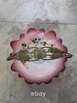 VICTORIAN BRIDE'S BASKET With HOLDER CRANBERRY BOWL HAND PAINTED. COURTING COUPLE VICTORIAN BRIDE'S BASKET With HOLDER CRANBERRY BOWL HAND PAINTED. COURTING COUPLE