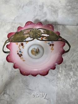 VICTORIAN BRIDE'S BASKET With HOLDER CRANBERRY BOWL HAND PAINTED. COURTING COUPLE VICTORIAN BRIDE'S BASKET With HOLDER CRANBERRY BOWL HAND PAINTED. COURTING COUPLE