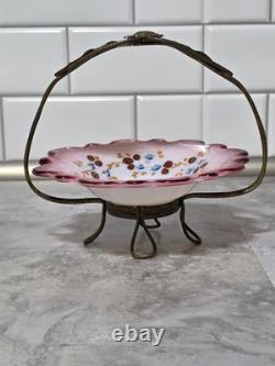VICTORIAN BRIDE'S BASKET With HOLDER CRANBERRY BOWL HAND PAINTED. COURTING COUPLE VICTORIAN BRIDE'S BASKET With HOLDER CRANBERRY BOWL HAND PAINTED. COURTING COUPLE