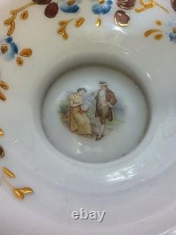 VICTORIAN BRIDE'S BASKET With HOLDER CRANBERRY BOWL HAND PAINTED. COURTING COUPLE VICTORIAN BRIDE'S BASKET With HOLDER CRANBERRY BOWL HAND PAINTED. COURTING COUPLE