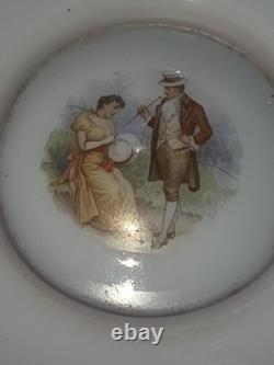 VICTORIAN BRIDE'S BASKET With HOLDER CRANBERRY BOWL HAND PAINTED. COURTING COUPLE VICTORIAN BRIDE'S BASKET With HOLDER CRANBERRY BOWL HAND PAINTED. COURTING COUPLE