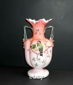 VICTORIAN CASED SATIN GLASS PEACH PINK VASETHORN HANDLES ENAMELED WithH. P. BIRD