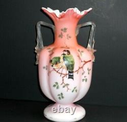 VICTORIAN CASED SATIN GLASS PEACH PINK VASETHORN HANDLES ENAMELED WithH. P. BIRD