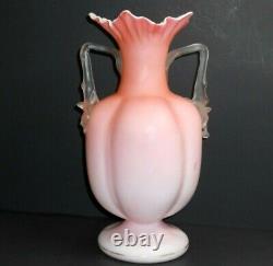 VICTORIAN CASED SATIN GLASS PEACH PINK VASETHORN HANDLES ENAMELED WithH. P. BIRD