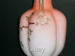 VICTORIAN CASED SATIN GLASS PEACH PINK VASETHORN HANDLES ENAMELED WithH. P. BIRD