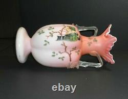 VICTORIAN CASED SATIN GLASS PEACH PINK VASETHORN HANDLES ENAMELED WithH. P. BIRD