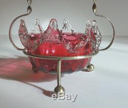VICTORIAN CRANBERRY ART GLASS CANDY DISH, SILVER PLATE STAND, c. 1880's