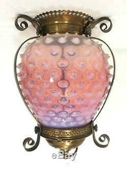 VICTORIAN Cranberry HOBNAIL GLASS SHADE HANGING HALL LAMP Art ANTIQUE Fixture