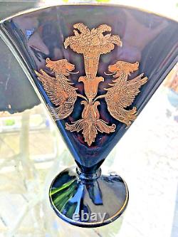VICTORIAN FAN VASE BLACK ART GLASS w GILDED LOTUS & GRIFFIN ETCHINGS