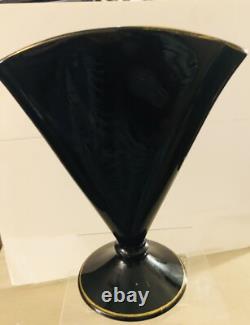 VICTORIAN FAN VASE BLACK ART GLASS w GILDED LOTUS & GRIFFIN ETCHINGS
