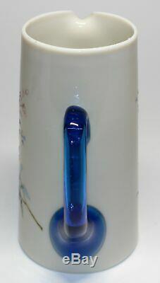 VICTORIAN OPAQUE GLASS HEAVY ENAMEL DECORATED PITCHER WithBLUE HANDLE
