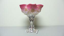 VICTORIAN PERIOD PINK SATIN CASED ART GLASS BRIDES BASKET on SILVER PLATE STAND