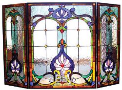 VICTORIAN STAINED GLASS FIREPLACE SCREEN Art Deco SERENITY LOTUS / Blues