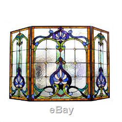 VICTORIAN STAINED GLASS FIREPLACE SCREEN Art Deco SERENITY LOTUS / Blues
