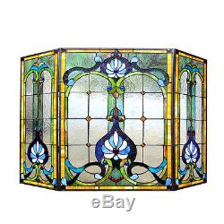 VICTORIAN STAINED GLASS FIREPLACE SCREEN Art Deco SERENITY LOTUS / Blues