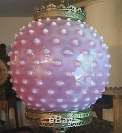 VICTORIAN cranberry hobnail art glass hanging library lamp globe vtg fenton ball