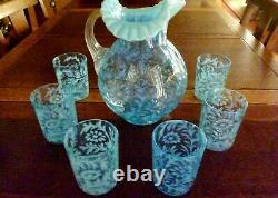 VINTAGE FENTON / WRIGHT Daisy & Fern PITCHER & TUMBLER SET Blue OPALESCENT GLASS