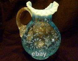 VINTAGE FENTON / WRIGHT Daisy & Fern PITCHER & TUMBLER SET Blue OPALESCENT GLASS