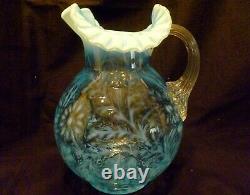 VINTAGE FENTON / WRIGHT Daisy & Fern PITCHER & TUMBLER SET Blue OPALESCENT GLASS