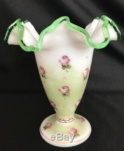 VINTAGE Fenton Emerald Crest/CHARLETON HAND PAINTED ROSE-DBL CRIMPED VASE 6 1/2