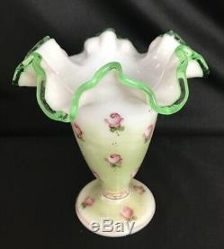 VINTAGE Fenton Emerald Crest/CHARLETON HAND PAINTED ROSE-DBL CRIMPED VASE 6 1/2