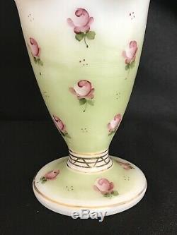 VINTAGE Fenton Emerald Crest/CHARLETON HAND PAINTED ROSE-DBL CRIMPED VASE 6 1/2