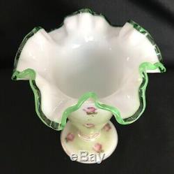 VINTAGE Fenton Emerald Crest/CHARLETON HAND PAINTED ROSE-DBL CRIMPED VASE 6 1/2