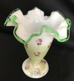 VINTAGE Fenton Emerald Crest/CHARLETON HAND PAINTED ROSE-DBL CRIMPED VASE 6 1/2