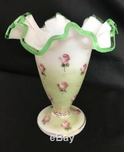 VINTAGE Fenton Emerald Crest/CHARLETON HAND PAINTED ROSE-DBL CRIMPED VASE 6 1/2