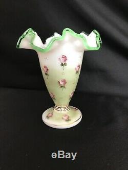 VINTAGE Fenton Emerald Crest/CHARLETON HAND PAINTED ROSE-DBL CRIMPED VASE 6 1/2