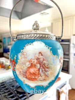 VTG Hand Painted Victoria Couple Washington Crown Milano Art Glass Jar VTG Hand Painted Victoria Couple Washington Crown Milano Art Glass Jar