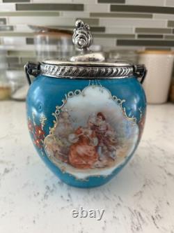 VTG Hand Painted Victoria Couple Washington Crown Milano Art Glass Jar VTG Hand Painted Victoria Couple Washington Crown Milano Art Glass Jar